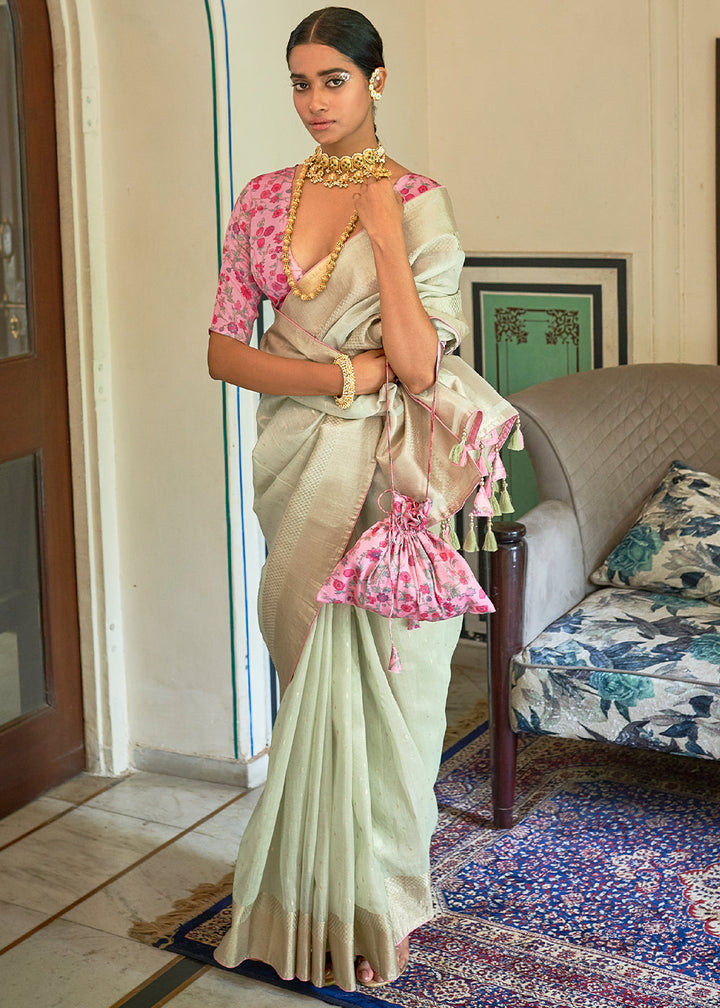 Tea Green Zari Weaving Tissue Silk Saree with kalamkari Print Blouse
