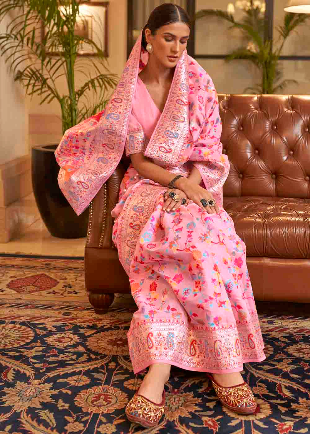 Carnation Pink Banarasi Jamawar Woven Silk Saree