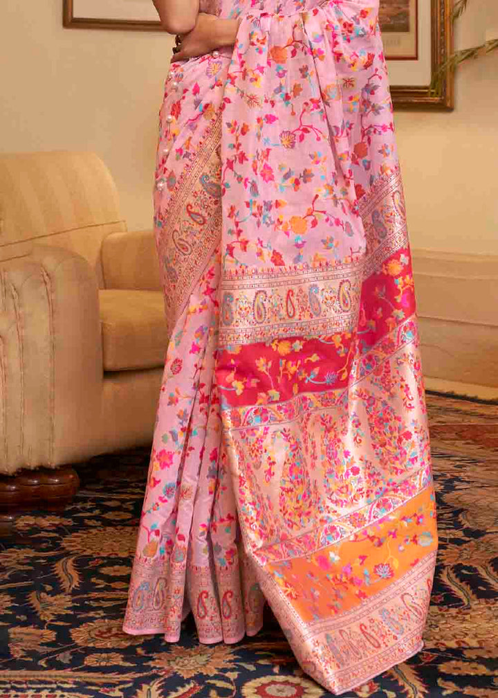 Carnation Pink Banarasi Jamawar Woven Silk Saree