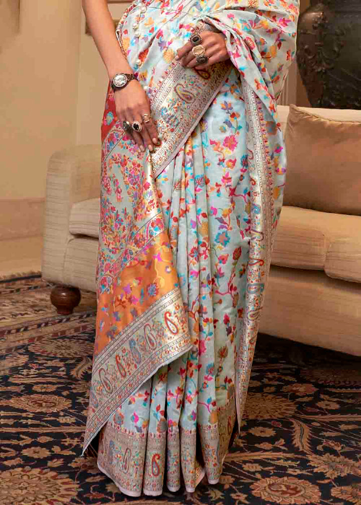 Pastel Blue Banarasi Jamawar Woven Silk Saree