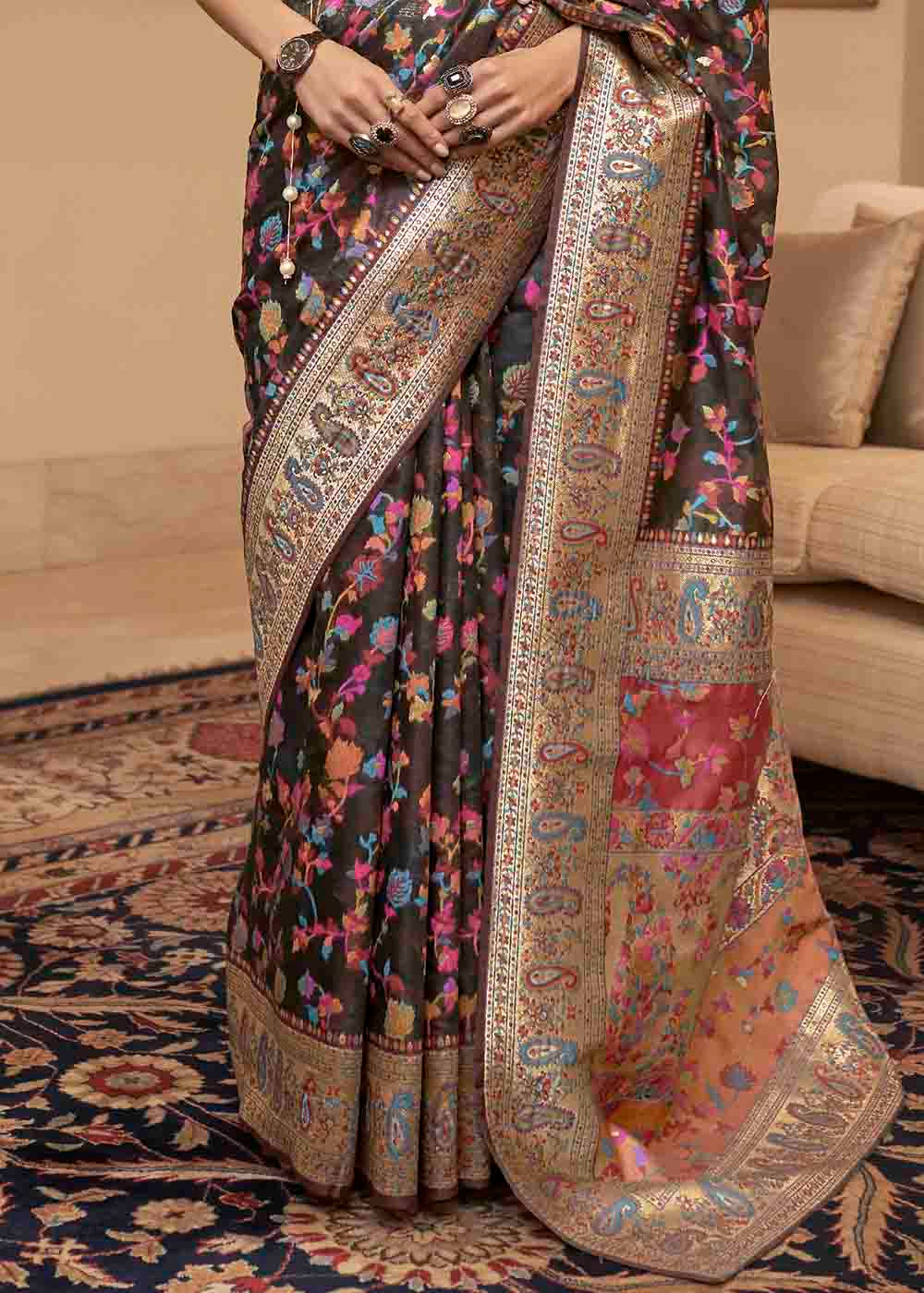 Charcoal Black Banarasi Jamawar Woven Silk Saree