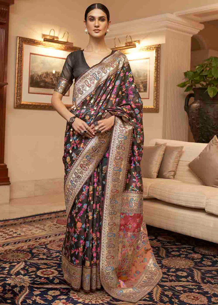 Charcoal Black Banarasi Jamawar Woven Silk Saree