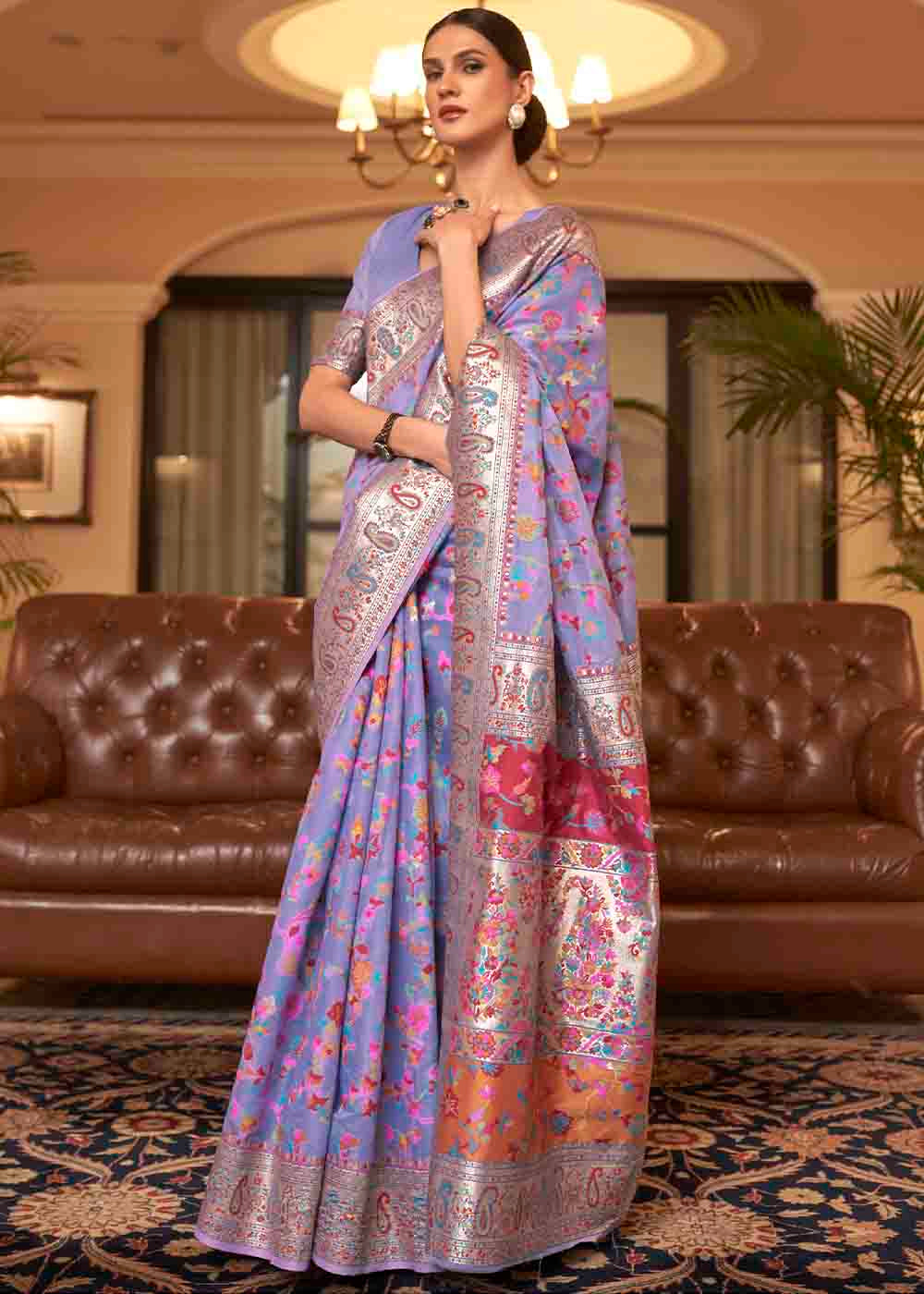 Electric Purple Banarasi Jamawar Woven Silk Saree