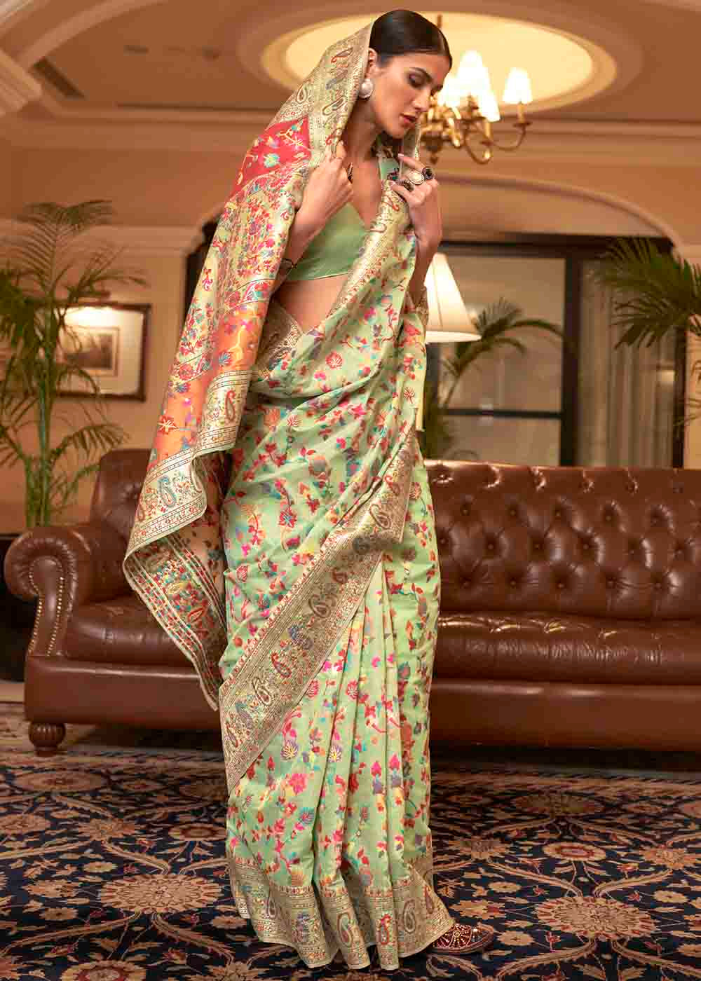 Pastel Green Banarasi Jamawar Woven Silk Saree