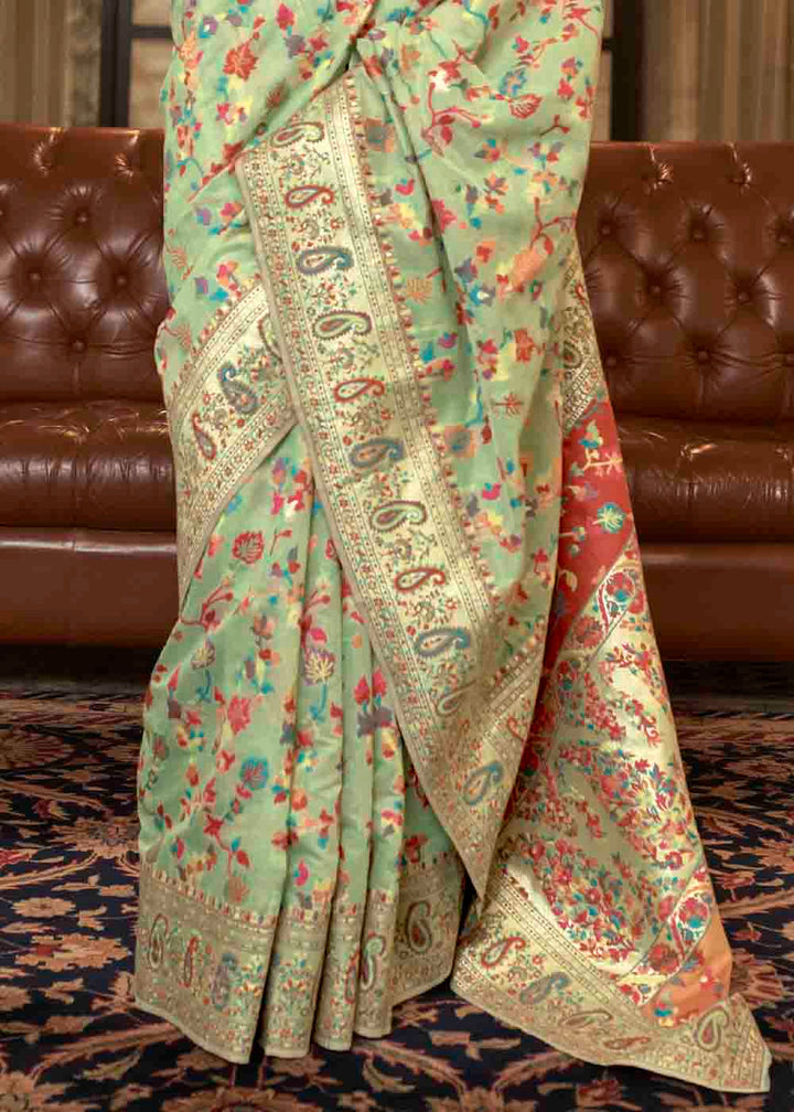 Pastel Green Banarasi Jamawar Woven Silk Saree