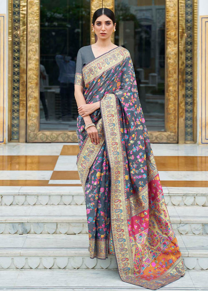 Anchor Grey Banarasi Jamawar Woven Silk Saree