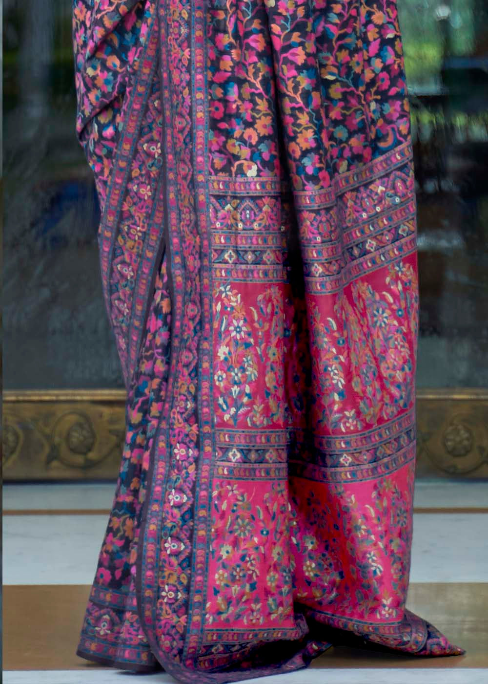 French Navy Blue Banarasi Jamawar Woven Silk Saree : Top Pick