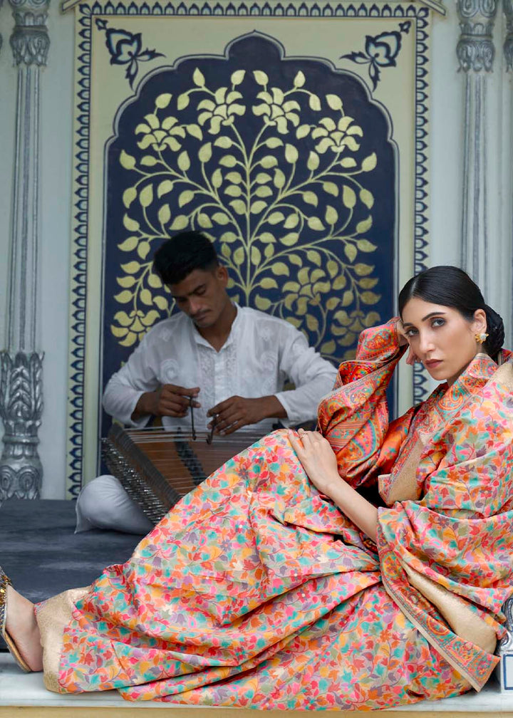Beige Brown & Pink Banarasi Jamawar Woven Silk Saree : Top Pick
