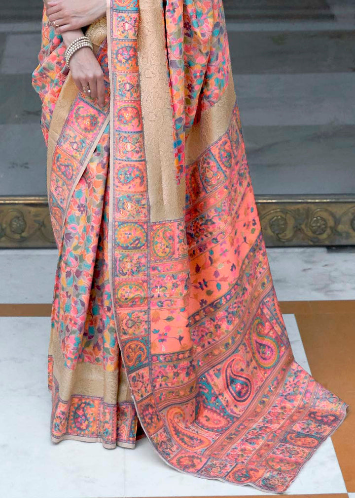 Beige Brown & Pink Banarasi Jamawar Woven Silk Saree : Top Pick