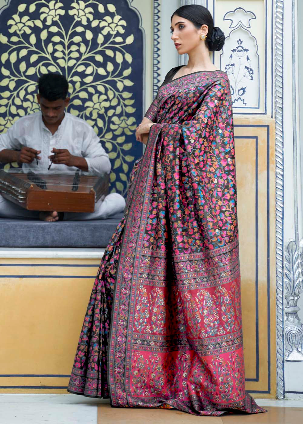 Midnight Black Banarasi Jamawar Woven Silk Saree : Top Pick