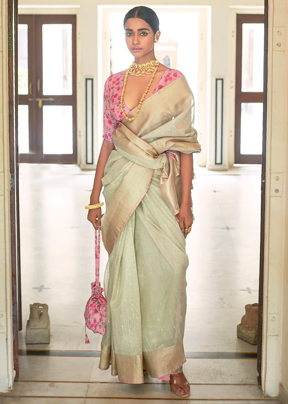 Tea Green Zari Weaving Tissue Silk Saree with kalamkari Print Blouse