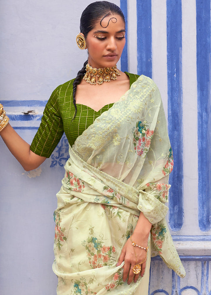 Tea Green Digital Print Tissue Silk Saree with Embroidery Thread work