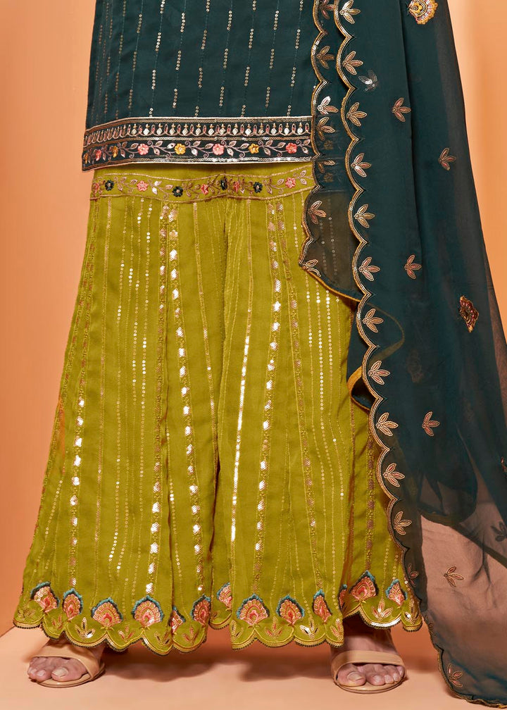 Arabian Green Georgette Sharara Suit with Thread, Sequins & Khatli work