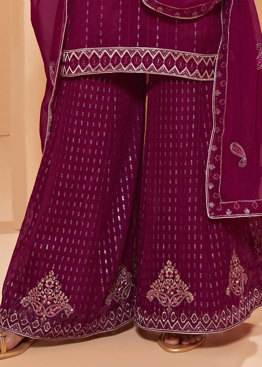 Magenta Pink Georgette Sharara Suit with Thread, Sequins & Khatli work
