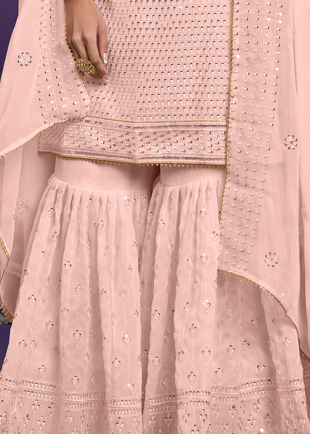 Crepe Pink Georgette Sharara Suit with Thread, Sequins & Khatli work