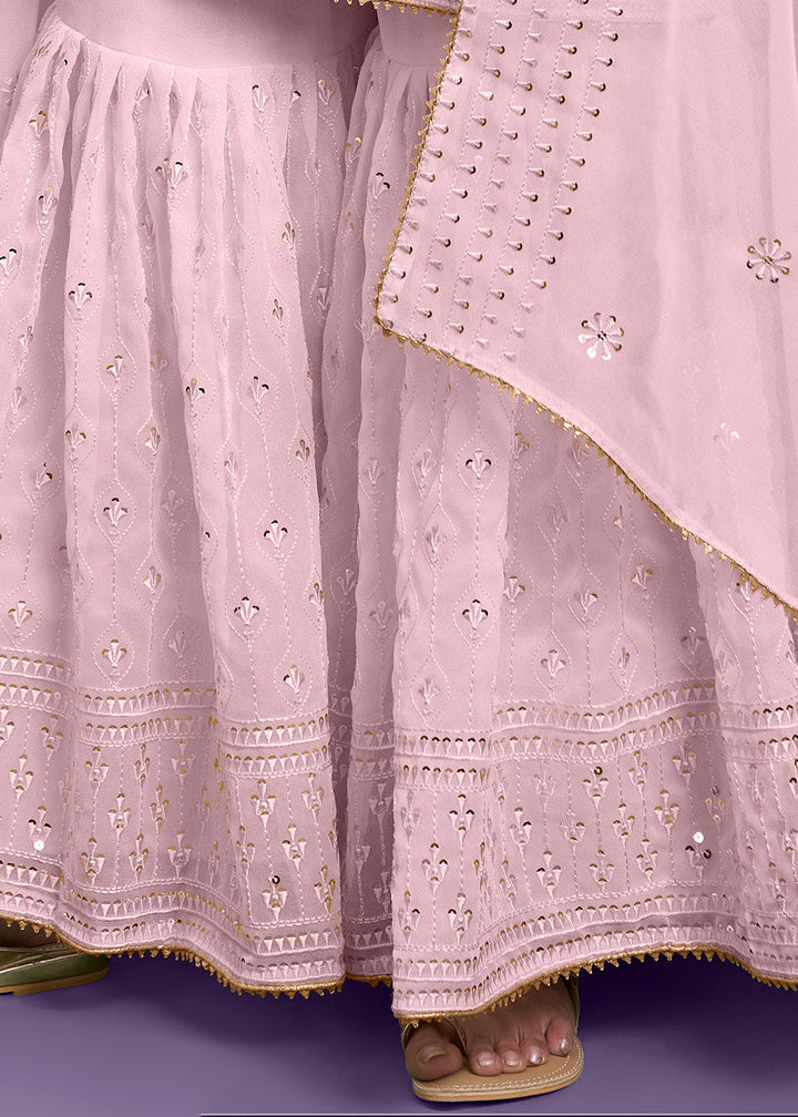 Lemonade Pink Georgette Sharara Suit with Thread, Sequins & Khatli work