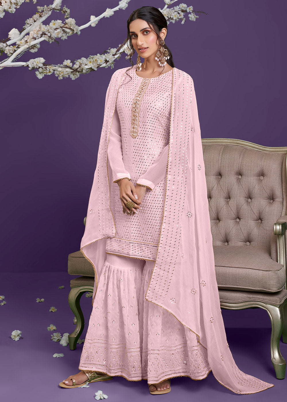 Lemonade Pink Georgette Sharara Suit with Thread, Sequins & Khatli work