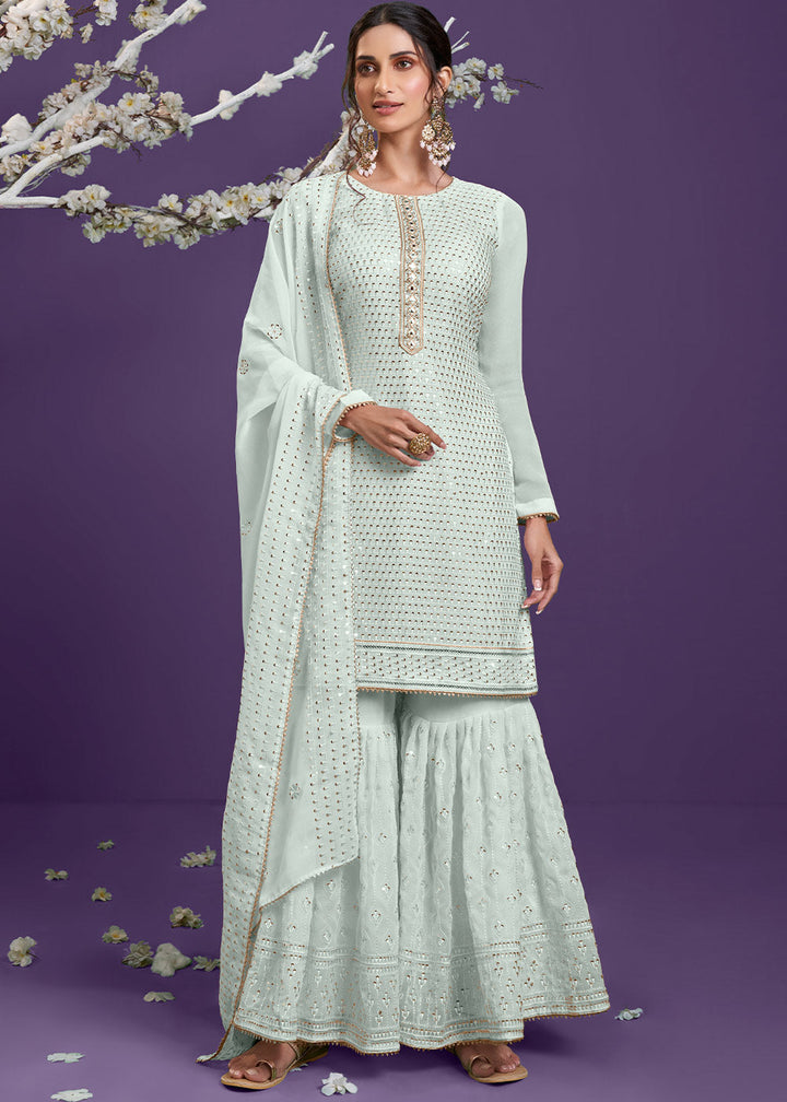 Light Coral Blue Georgette Sharara Suit with Thread, Sequins & Khatli work