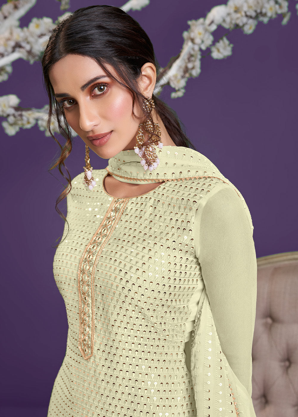 Blonde Yellow Georgette Sharara Suit with Thread, Sequins & Khatli work
