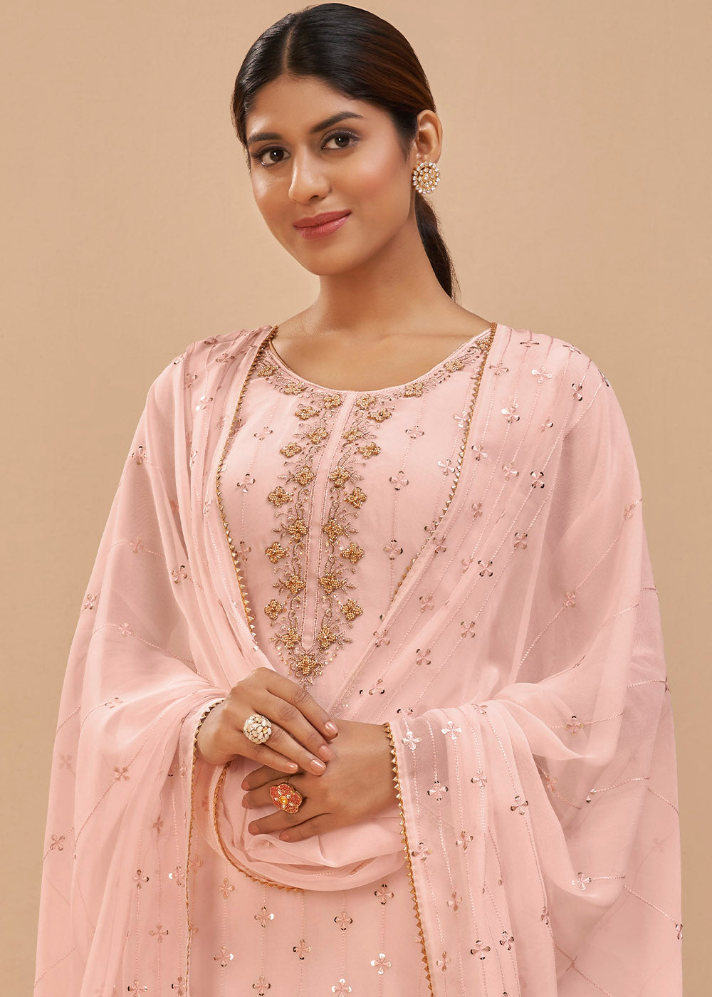 Lace Pink Georgette Salwar Suit with Thread, Khatli & Sequence work