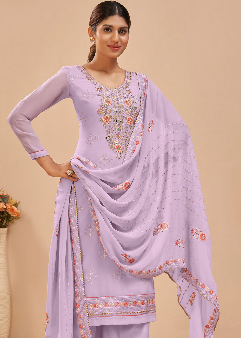 Mauve Purple Georgette Salwar Suit with Thread, Khatli & Sequence work