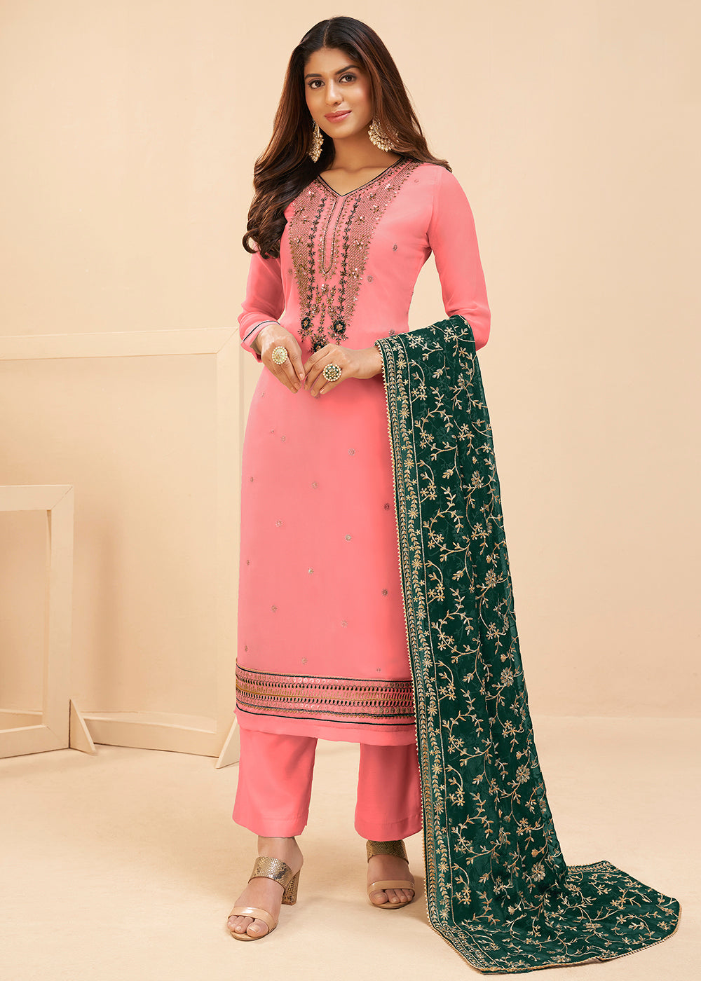 French Pink Georgette Salwar Suit with Zari, Thread, Khatli & Sequence work