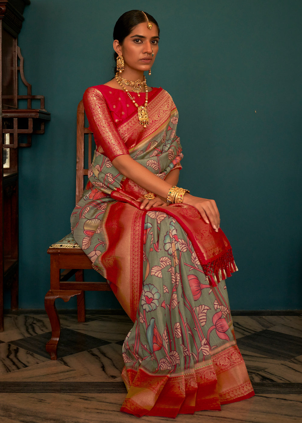 Green & Red Tussar Silk Saree with kalamkari Print