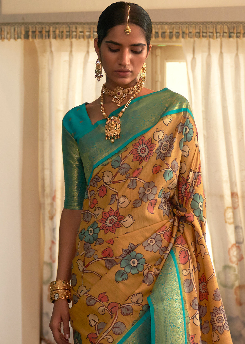 Blonde Yellow Tussar Silk Saree with kalamkari Print
