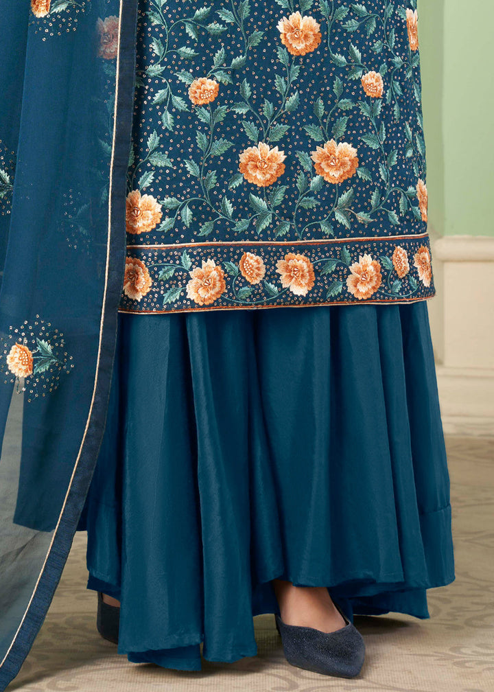 Prussian Blue Georgette Salwar Suit with Multi Colour Thread Embroidery & Sequence work