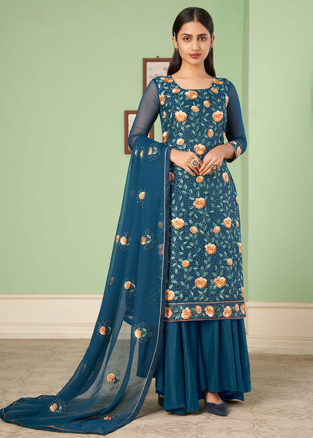 Prussian Blue Georgette Salwar Suit with Multi Colour Thread Embroidery & Sequence work