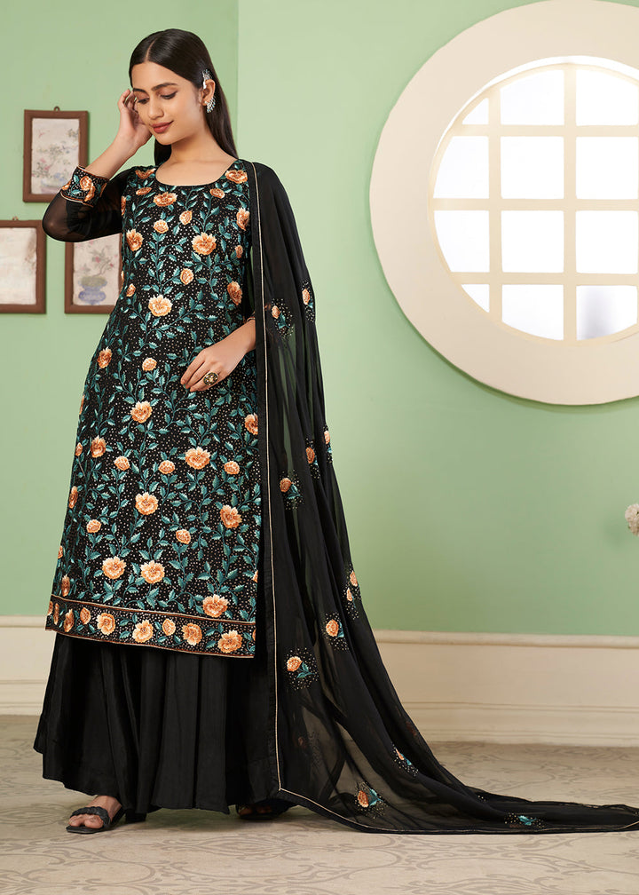 Pebble Black Georgette Salwar Suit with Multi Colour Thread Embroidery & Sequence work