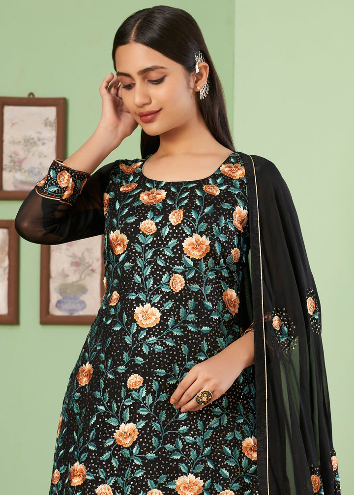Pebble Black Georgette Salwar Suit with Multi Colour Thread Embroidery & Sequence work