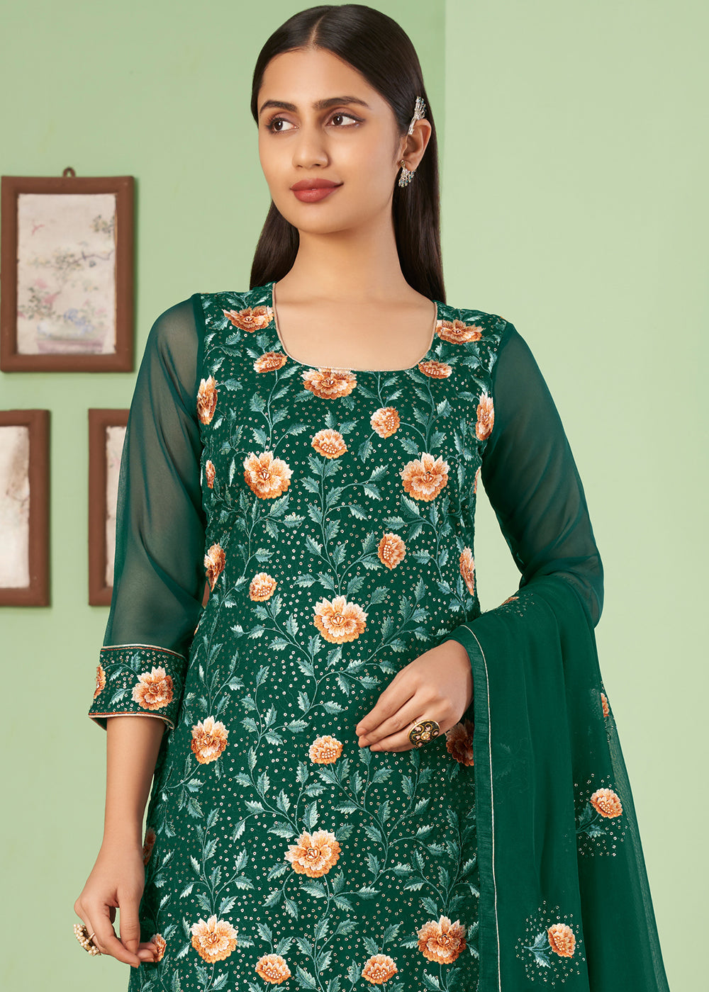 Cadmium Green Georgette Salwar Suit with Multi Colour Thread Embroidery & Sequence work