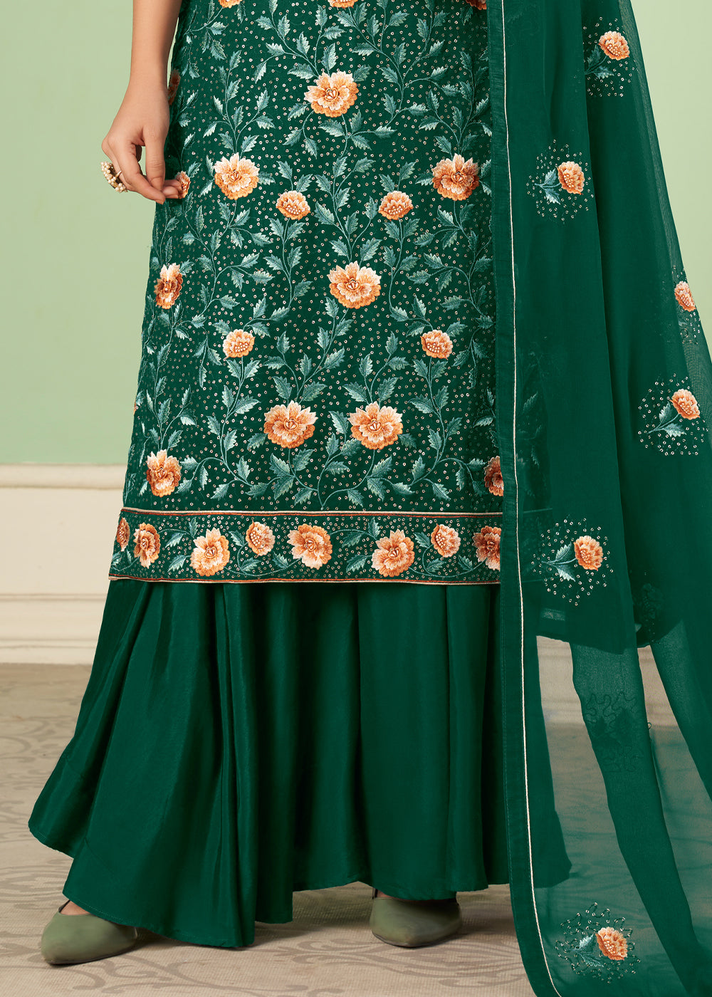 Cadmium Green Georgette Salwar Suit with Multi Colour Thread Embroidery & Sequence work