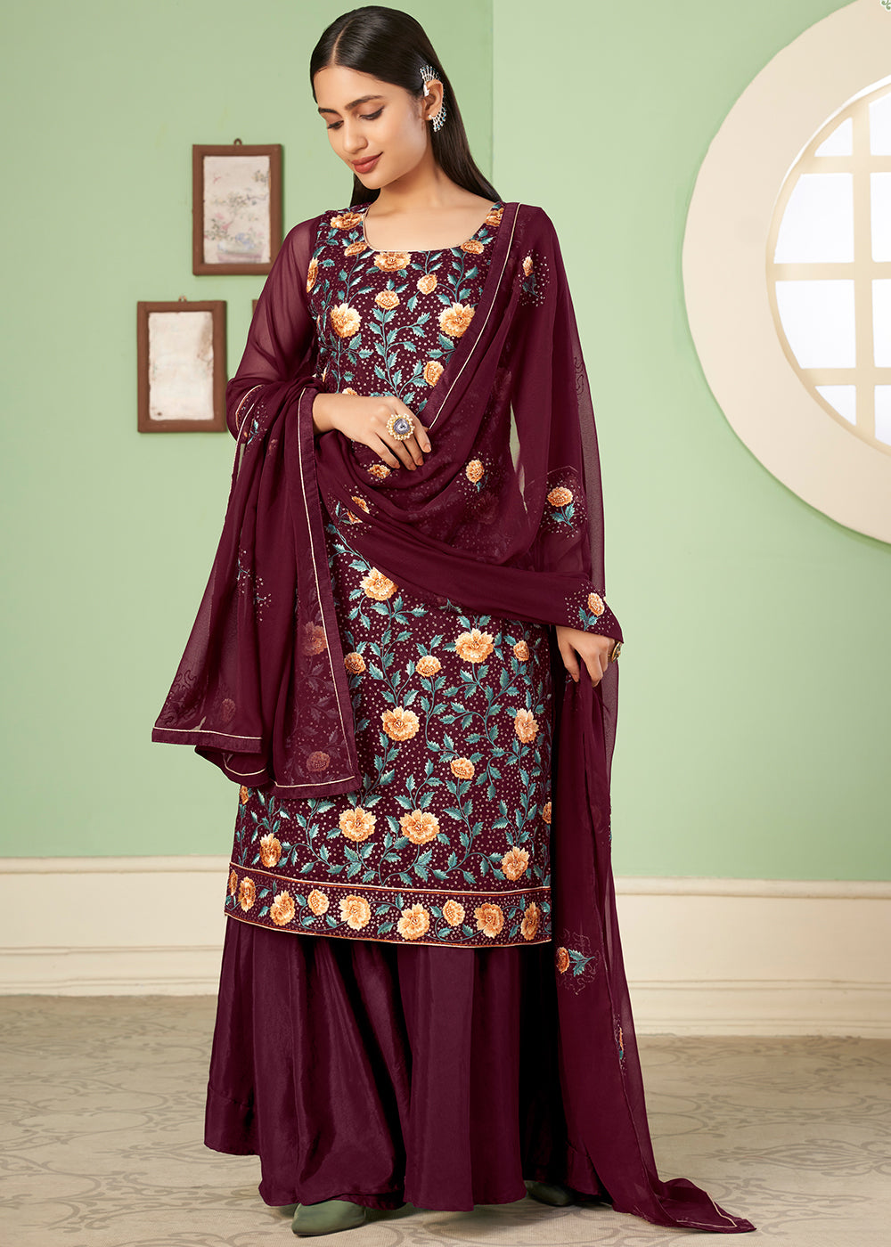 Currant Red Georgette Salwar Suit with Multi Colour Thread Embroidery & Sequence work