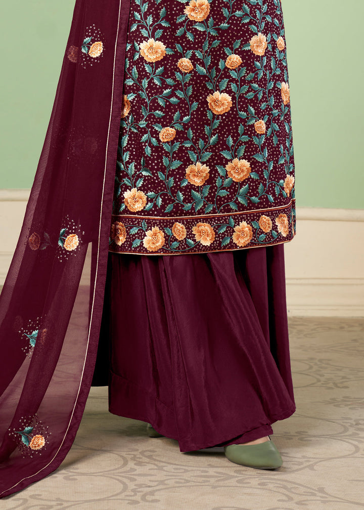 Currant Red Georgette Salwar Suit with Multi Colour Thread Embroidery & Sequence work