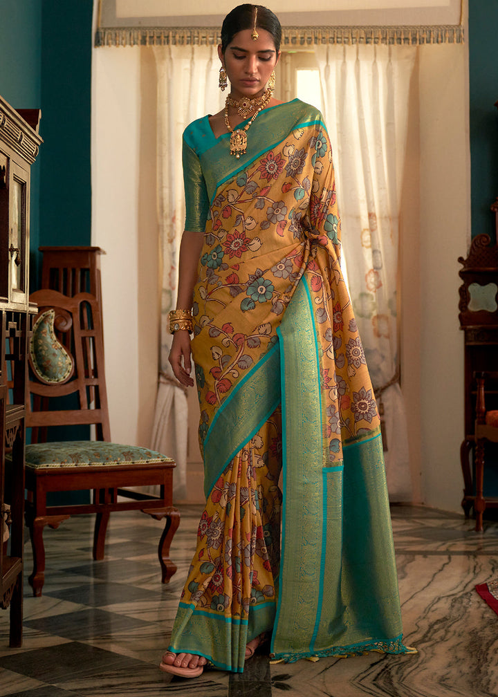 Blonde Yellow Tussar Silk Saree with kalamkari Print
