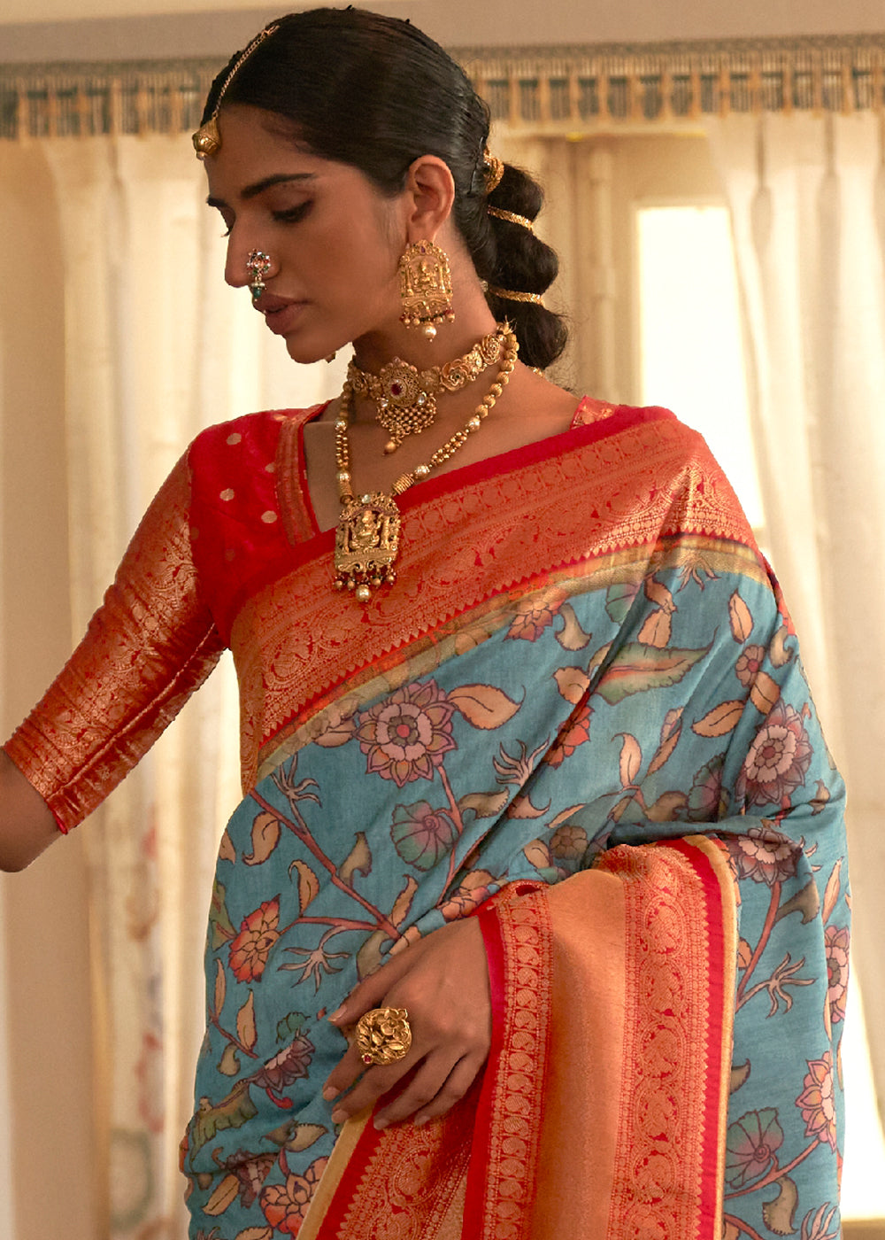 Blue & Orange Tussar Silk Saree with kalamkari Print