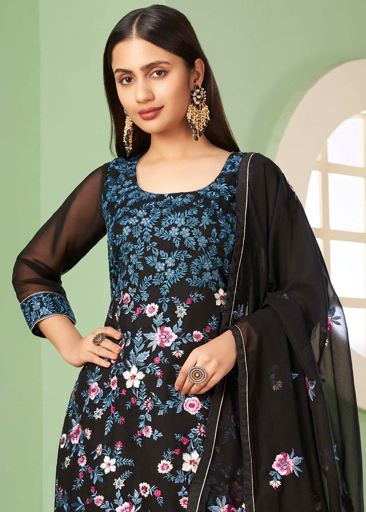 Midnight Black Georgette Salwar Suit with Multi Colour Thread Embroidery & Sequence work