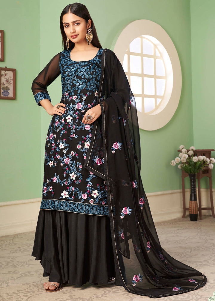 Midnight Black Georgette Salwar Suit with Multi Colour Thread Embroidery & Sequence work