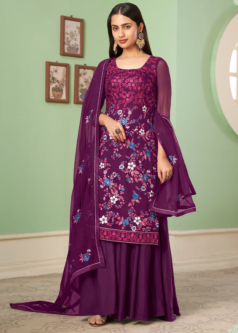 Byzantine Purple Georgette Salwar Suit with Multi Colour Thread Embroidery & Sequence work
