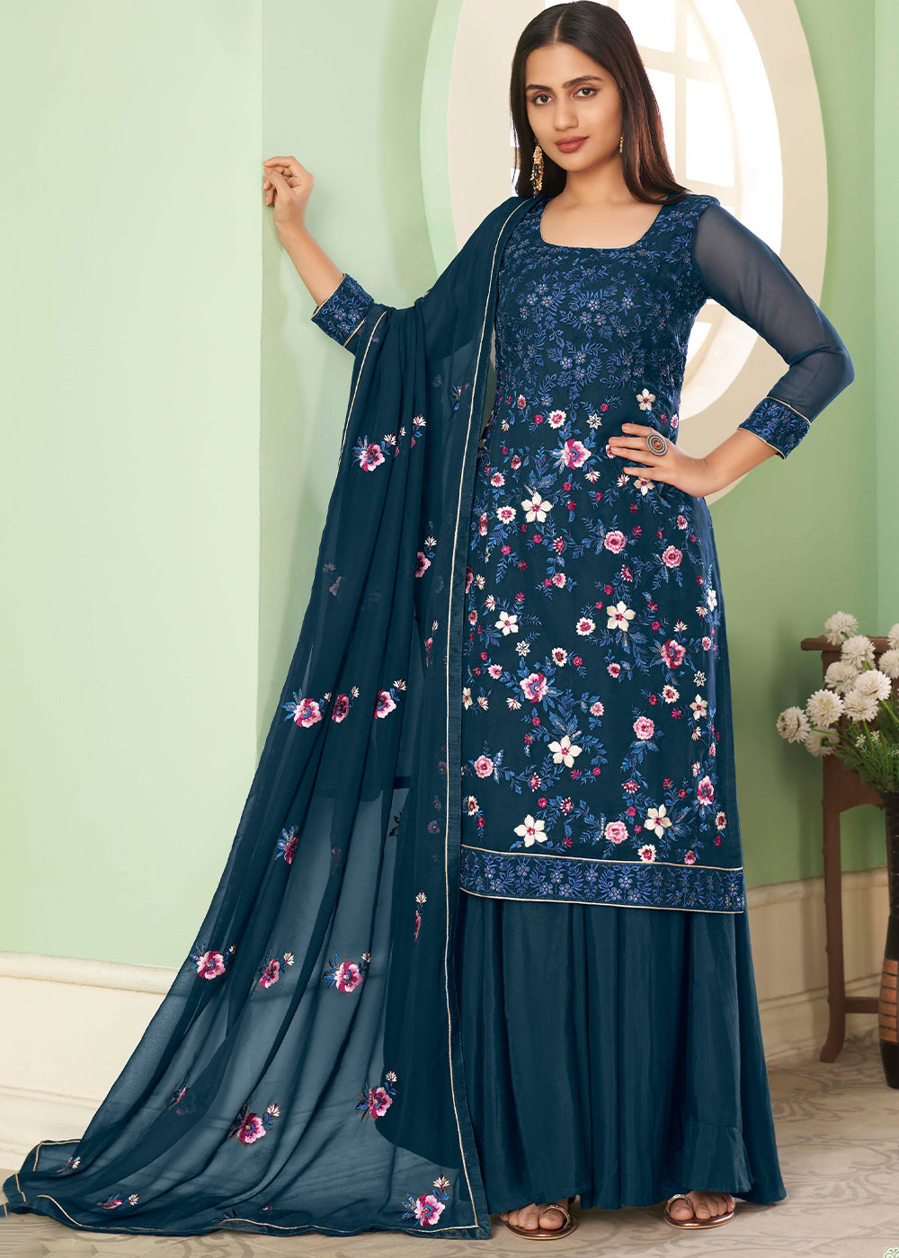 Cobalt Blue Georgette Salwar Suit with Multi Colour Thread Embroidery & Sequence work