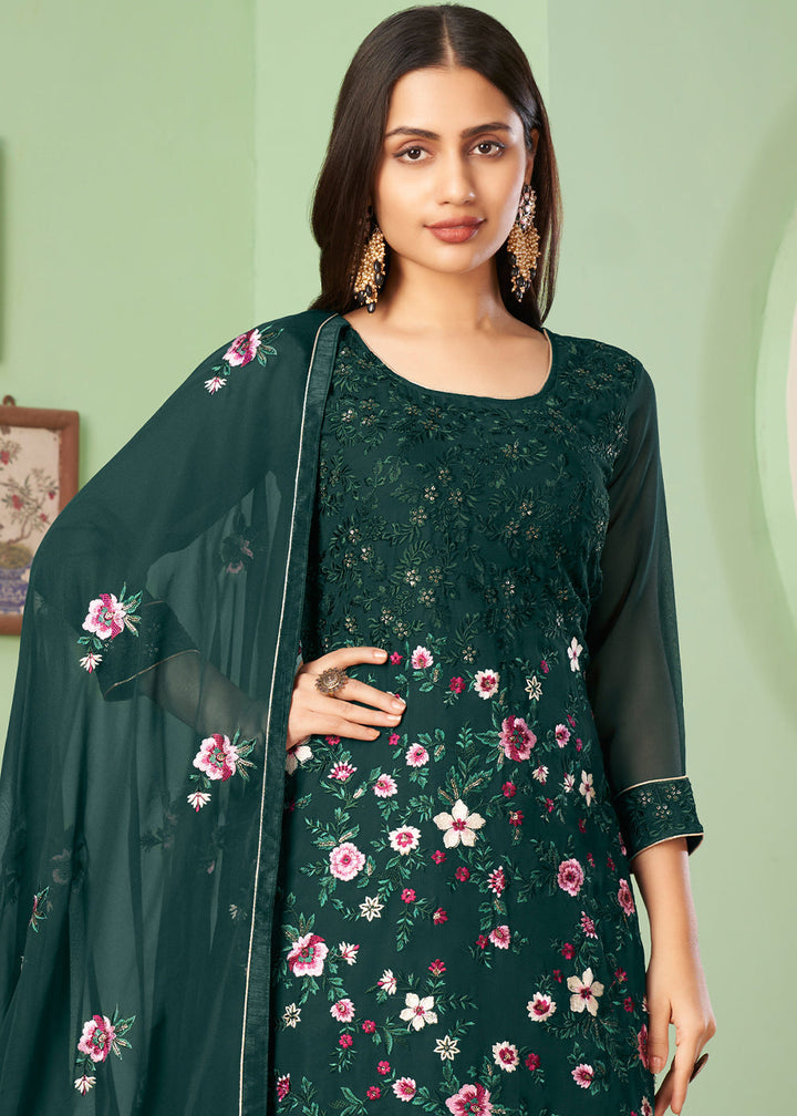 Sacramento Green Georgette Salwar Suit with Multi Colour Thread Embroidery & Sequence work