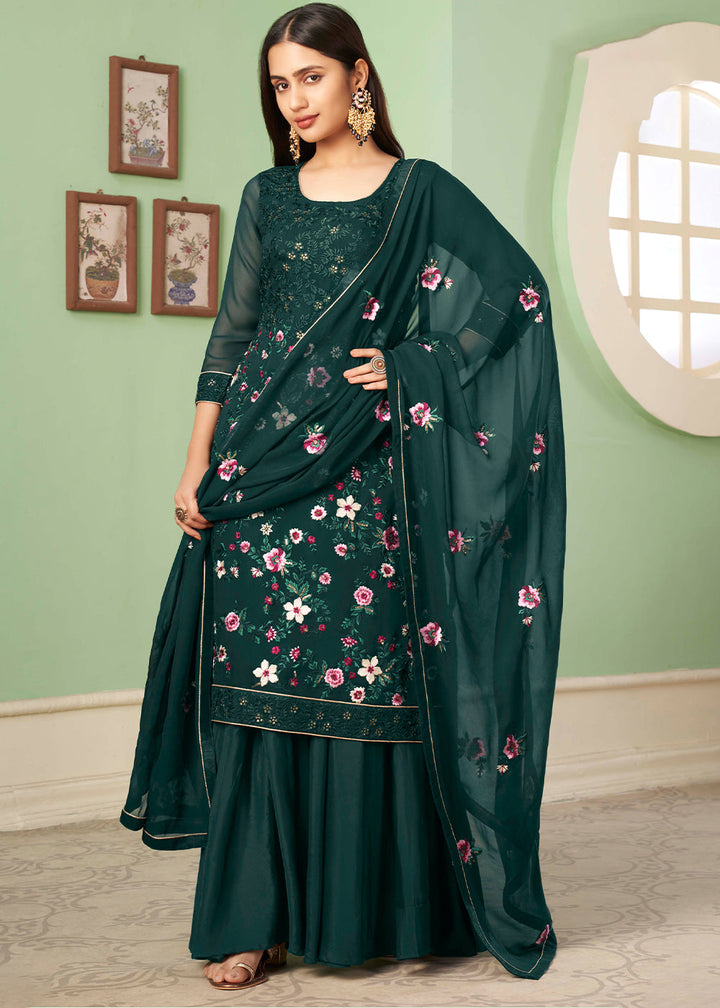 Sacramento Green Georgette Salwar Suit with Multi Colour Thread Embroidery & Sequence work