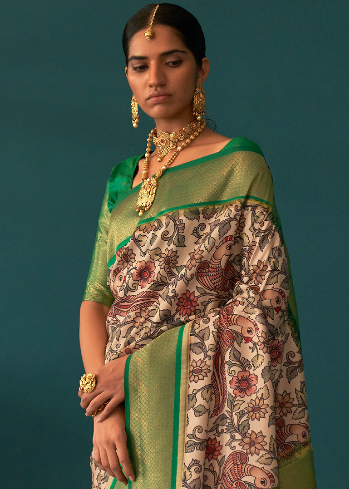 White & Green Tussar Silk Saree with kalamkari Print