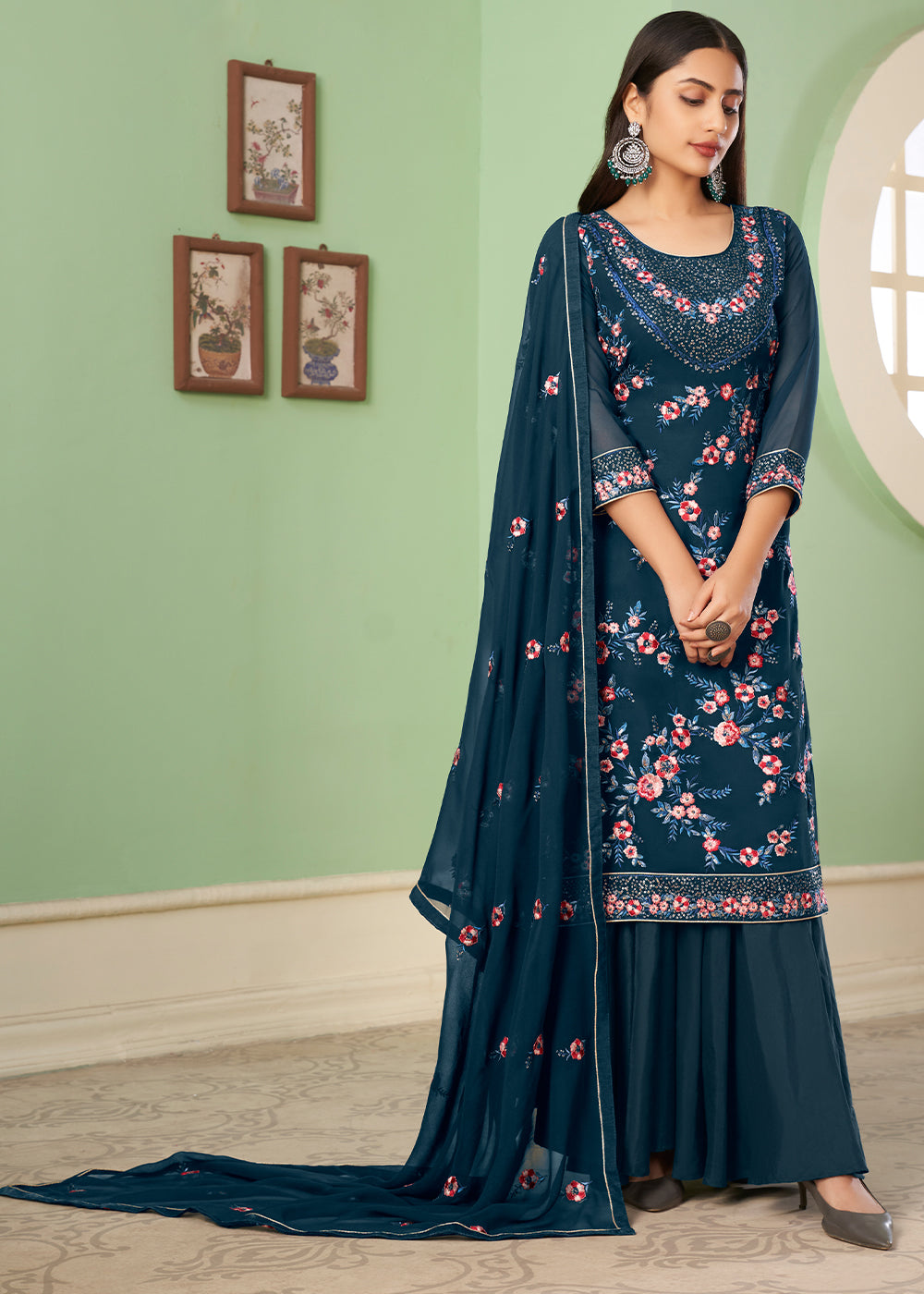 Space Blue Georgette Salwar Suit with Multi Colour Thread Embroidery & Sequence work