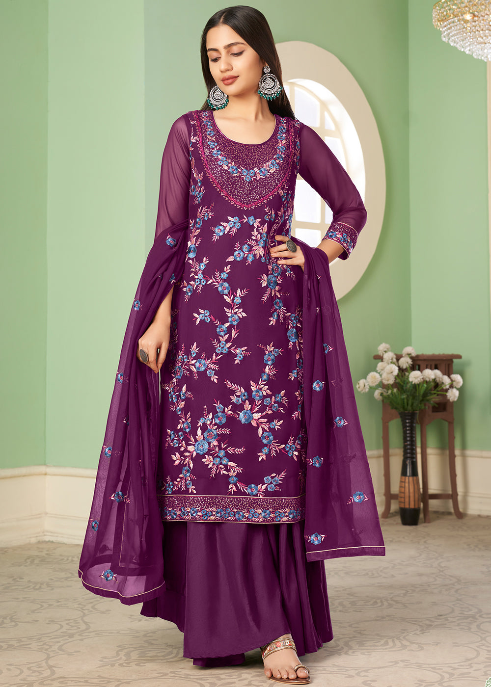 Lollipop Purple Georgette Salwar Suit with Multi Colour Thread Embroidery & Sequence work