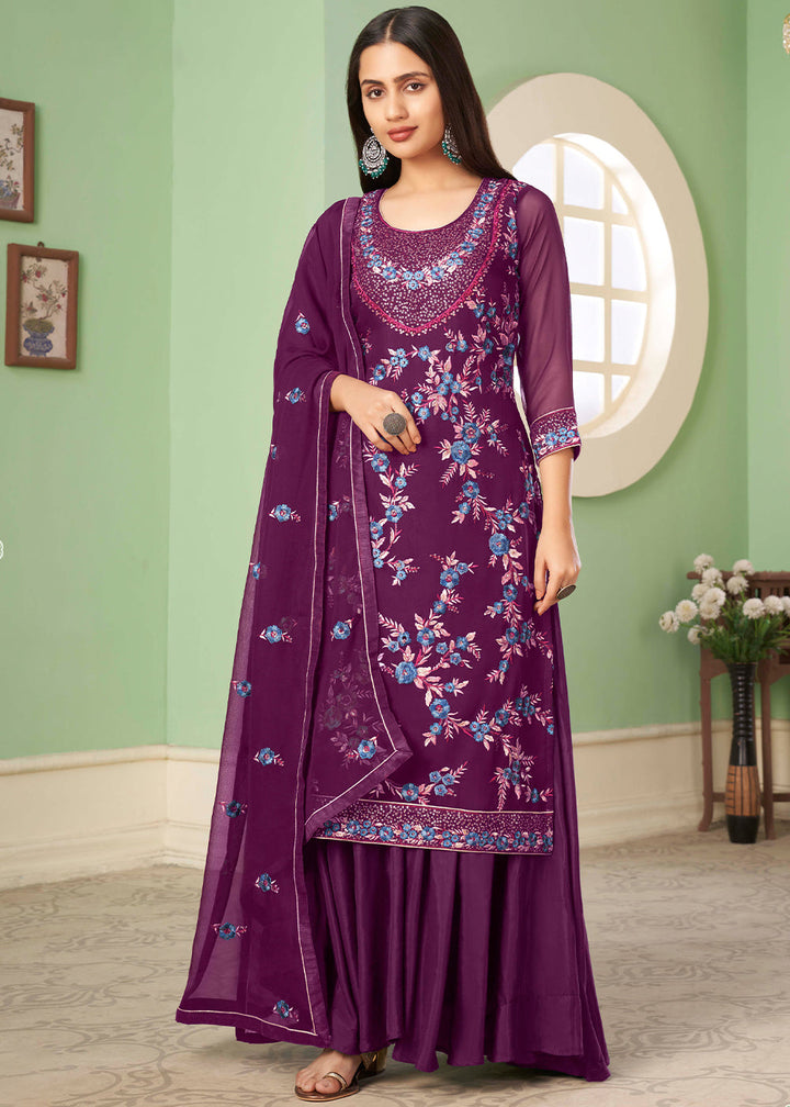 Lollipop Purple Georgette Salwar Suit with Multi Colour Thread Embroidery & Sequence work