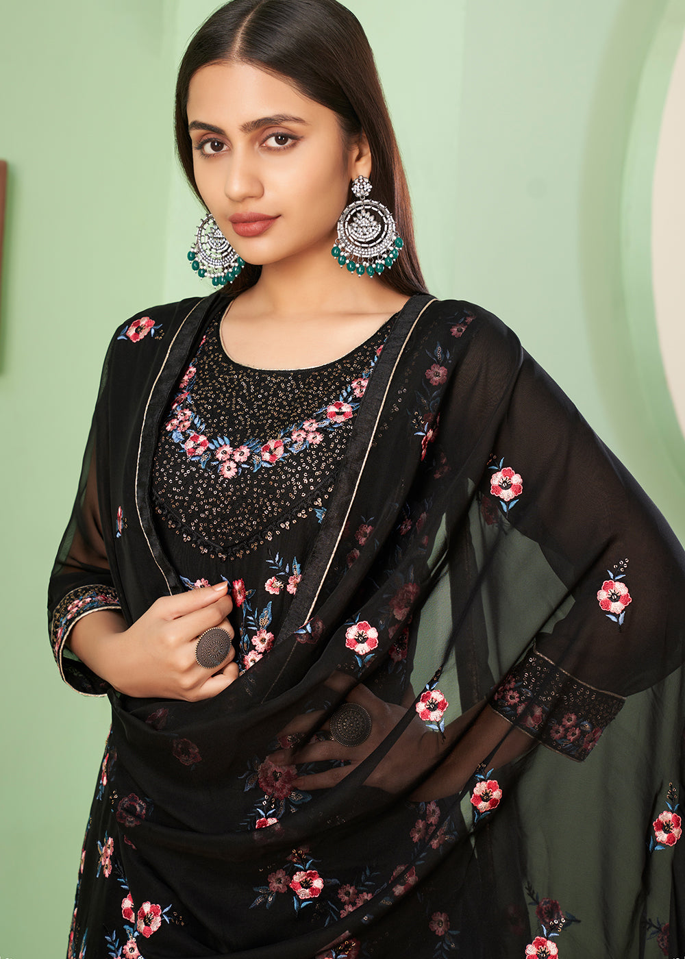 Pitch Black Georgette Salwar Suit with Multi Colour Thread Embroidery & Sequence work