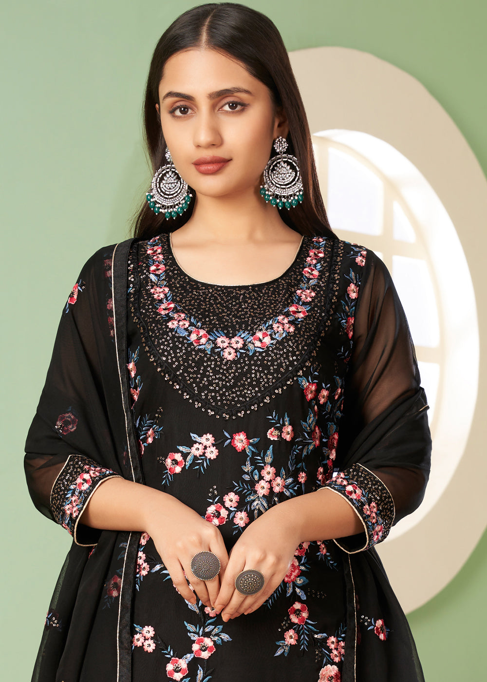 Pitch Black Georgette Salwar Suit with Multi Colour Thread Embroidery & Sequence work